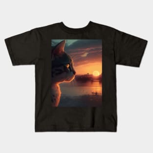 Design of a grey cat watching a sunset in Mexico Kids T-Shirt